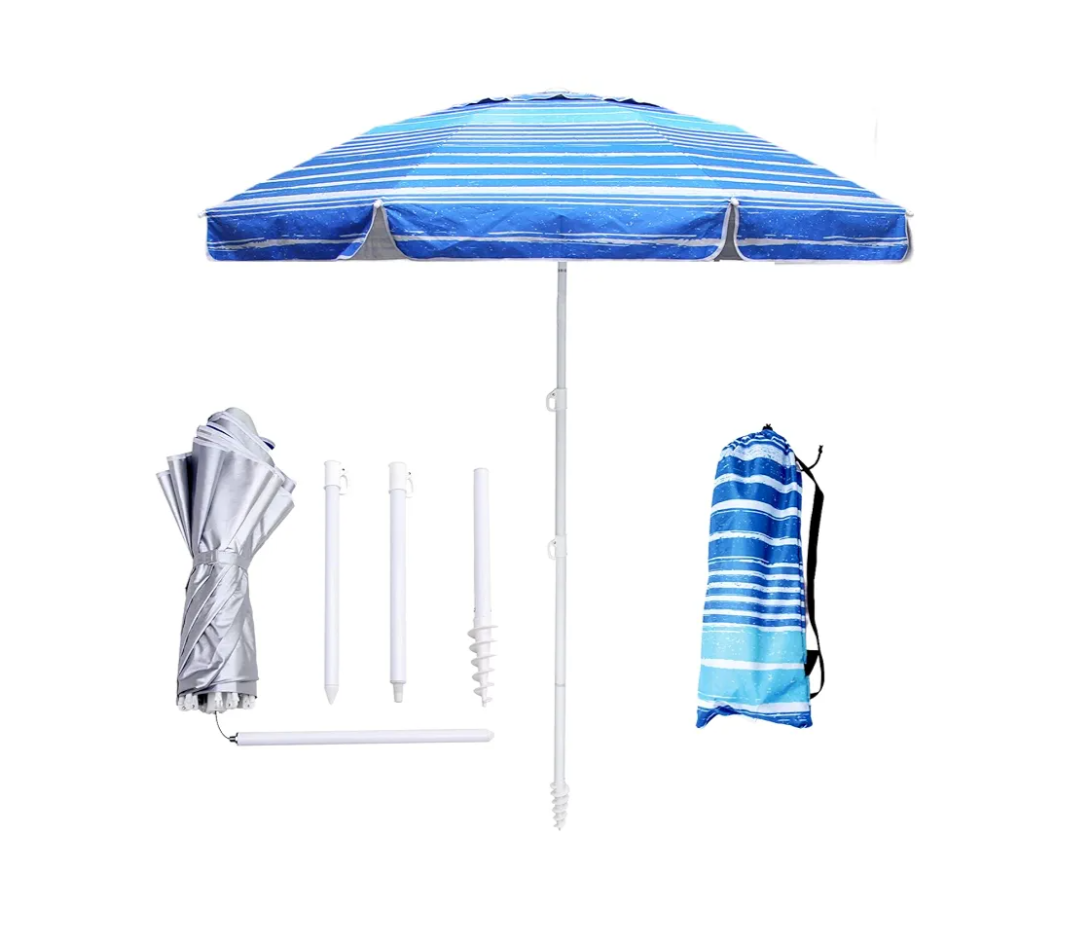 6.5ft Beach Umbrella - Heavy Duty Wind Resistant UV 50+ Portable Sun Shade with Sand Anchor & Carry Bag, Outdoor Folding Umbrella for Beach, Pool, Patio, Garden (Blue Stripe)