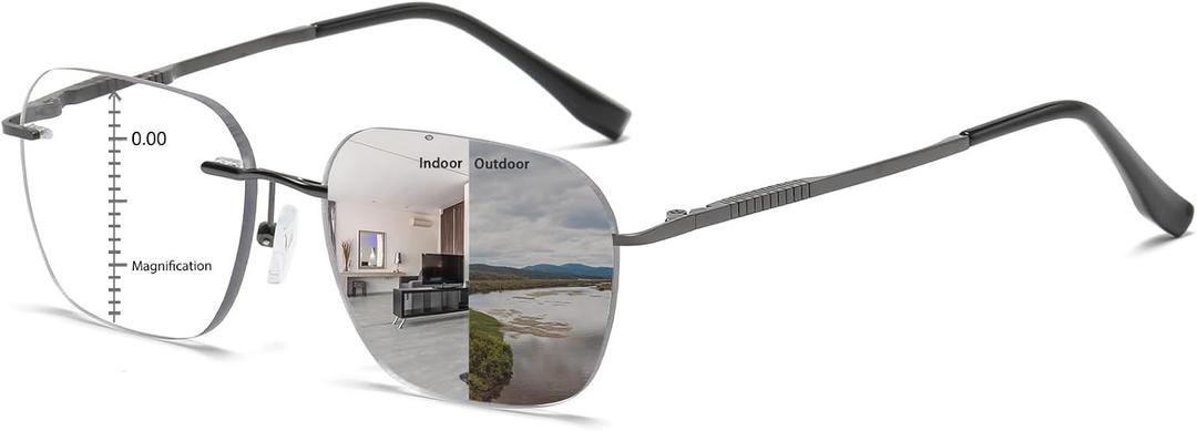 K.LAVER Photochromic Multifocus Progressive Rimless Reading Glasses Men Women Anti Blue Light Transition Multifocal Readers (Clear)