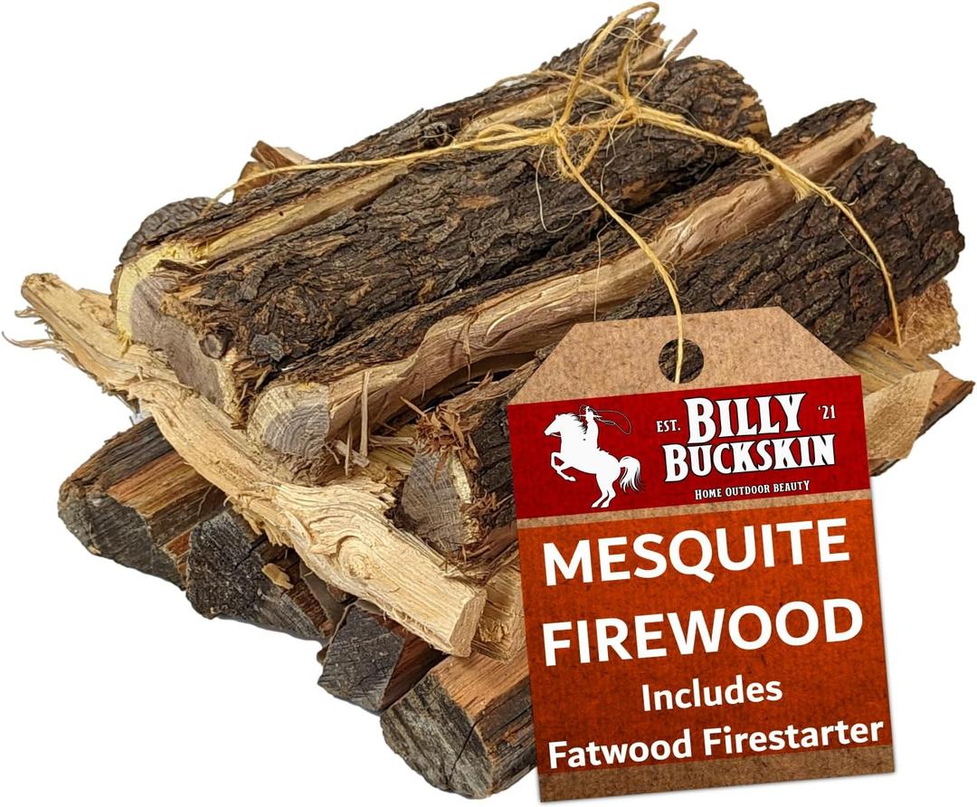 Billy Buckskin 18 LB Mesquite Firewood Bundle  Aromatic & Seasoned Wood Logs with Fatwood Starter Sticks for Fire Pit, Campfire, Fireplace, Wood Stoves and Outdoor Grilling