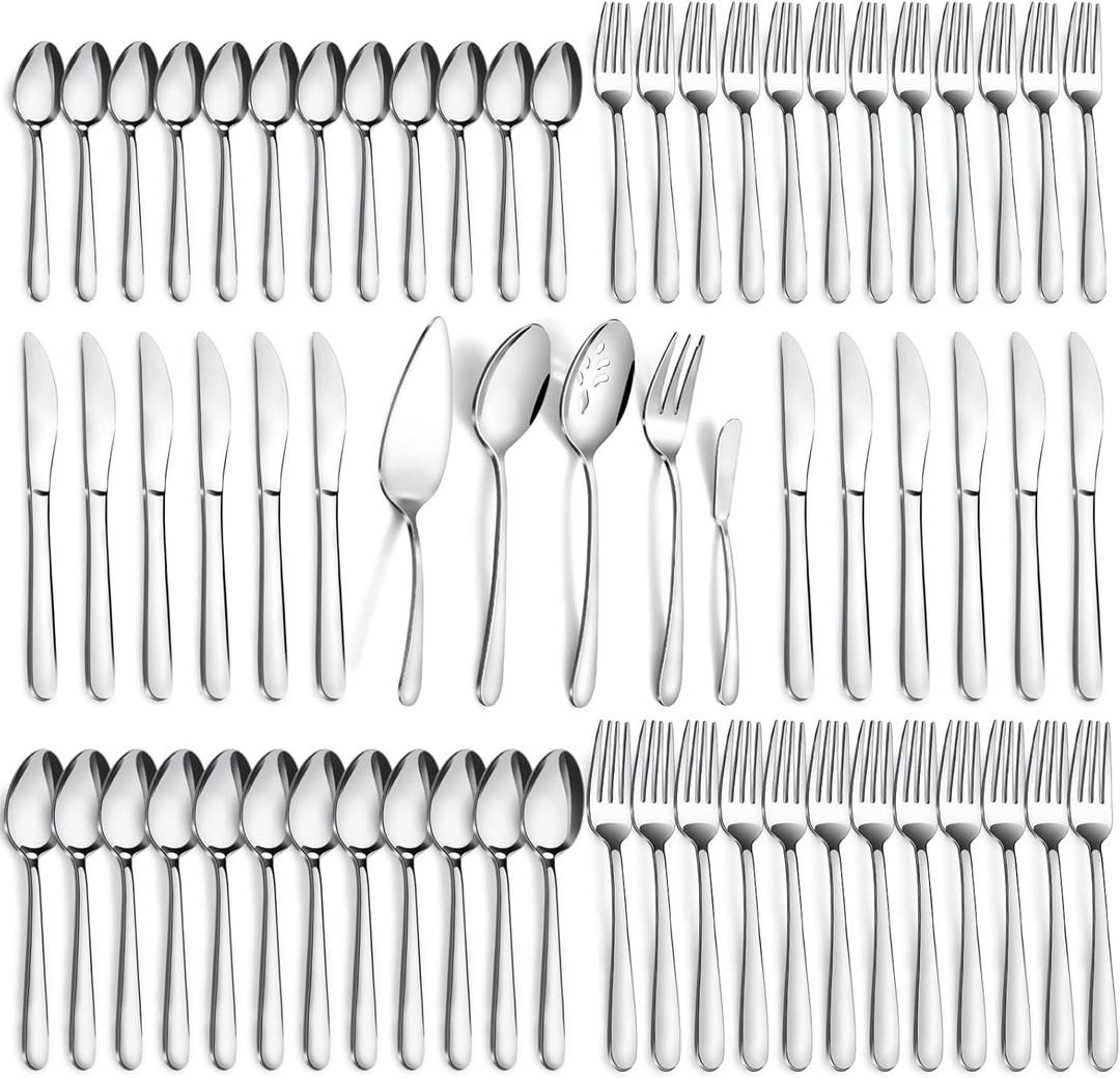 Pleafind 65-Pieces Silverware Set for 12 with 5 Serving Utensils,Stainless Steel Cutlery Set, Include Forks Spoons and Knives Set, Mirror Polished Utensil Sets for Home Restaurant,Dishwasher Safe