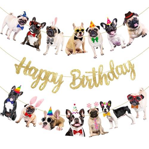 umoni 3Pcs Pug & French Bulldog Birthday Banners - Multicolor, Double Sided, 80x30 Inch Rectangular Party Banners for Dog Themed Celebrations