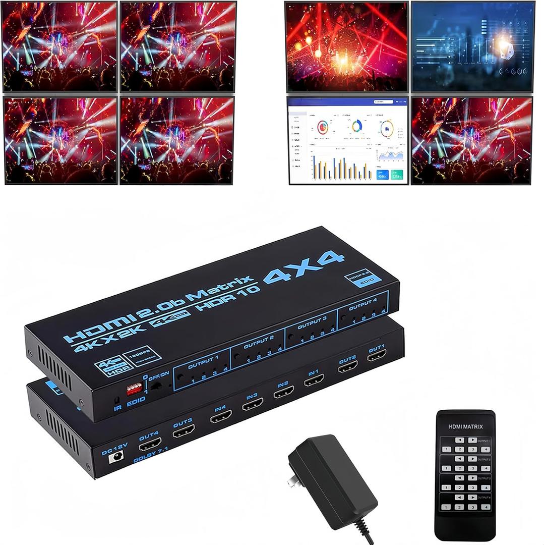 Explosive HDMI 2.0 4k Matrix switcher 4X4 Switching Distribution 4 into 4 Out HDMI Matrix Video Switch Splitter HD 4K@60Hz Support IR Control 3D, EDID, Blu-Ray DVD with LED Lights for LCD TV Walls et