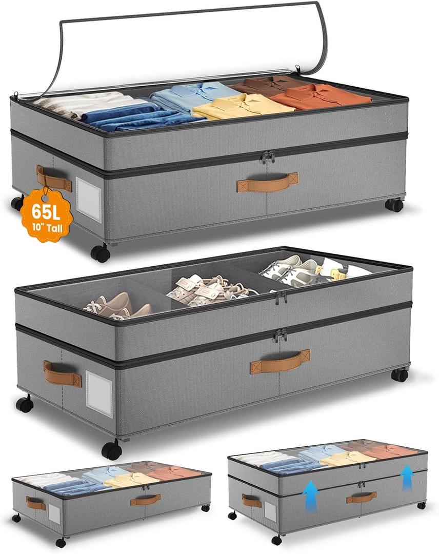 Under Bed Storage with Wheels, 10 inches Under Bed Storage Containers, 65L XXL Large Adjustable Underbed with Lids, Rolling Underbed Storage bins for Shoes, Clothes, Blankets, Grey