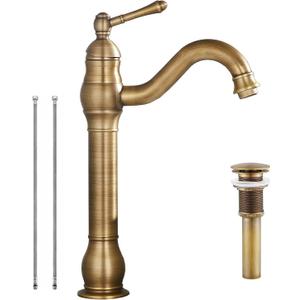 Bathroom Vessel Faucet Antique Brass 360 Swivel Bowl Sink Faucet Single Hole 1 Handle Matching Pop Up Drain Stopper Without Overflow Tall Lavatory Vanity Basin Mixer Tap Deck Mount