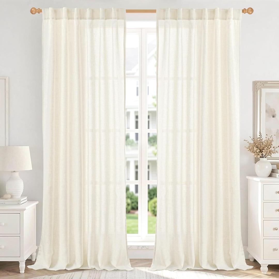 YoungsTex Ivory Linen Light Filtering Curtains 84 Inches Long, Country Semi Sheer Drapes with Rod Pocket Back Tab for Bedroom Living Room Window, 2 Panels, 52 X 84 Inch