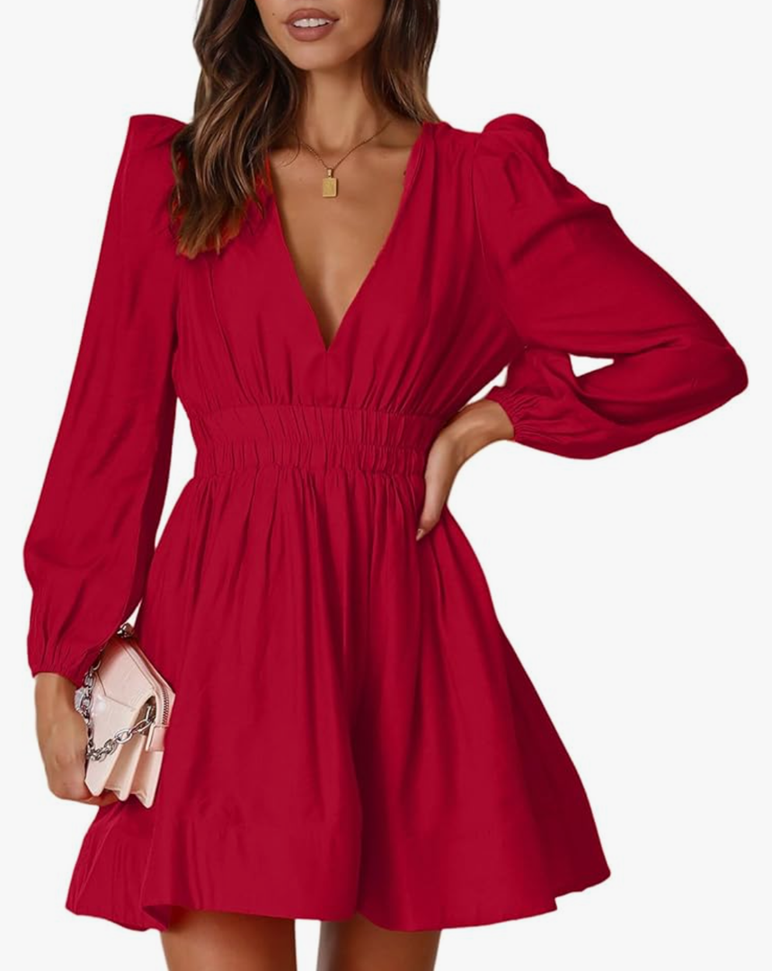 FAIABLE Mini Deep V Sexy Long Sleeve Dress for Women A-line High Waisted Casual Flowy Dress for Cocktail Wedding Guest S