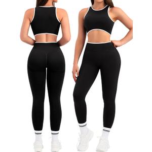 Relety Womens Workout Sets 2 Piece Seamless Crop Tank Top High Waist Leggings Contrast Trim Padded Racerback Bra Yoga Outfits - Black Large (Black, L)