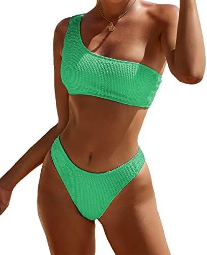 YIMISAN Women's Ribbed Bikini Sets One Shoulder Top with Mid Waist Two Piece Bathing Suit Size M