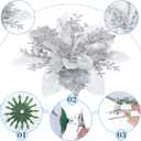 24 Christmas Glitter Artificial Poinsettia Flowers Xmas Poinsettia Artificial Wedding Flowers Decorations Xmas Tree Ornaments with Clips for Party Favors, 6 Inch, 4 Inch, 3 Inch (Silver)