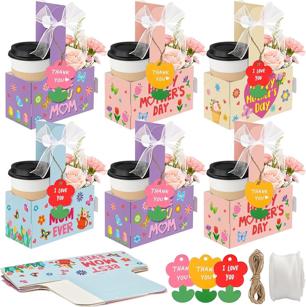 Cinrobiye 24 Set Mother’s Day Gift Drink Carriers with Handles, Floral Paper Holders with Cards & Ribbon, Creative Coffee Flower Gift Box for Mom Party Favor Table Decoration