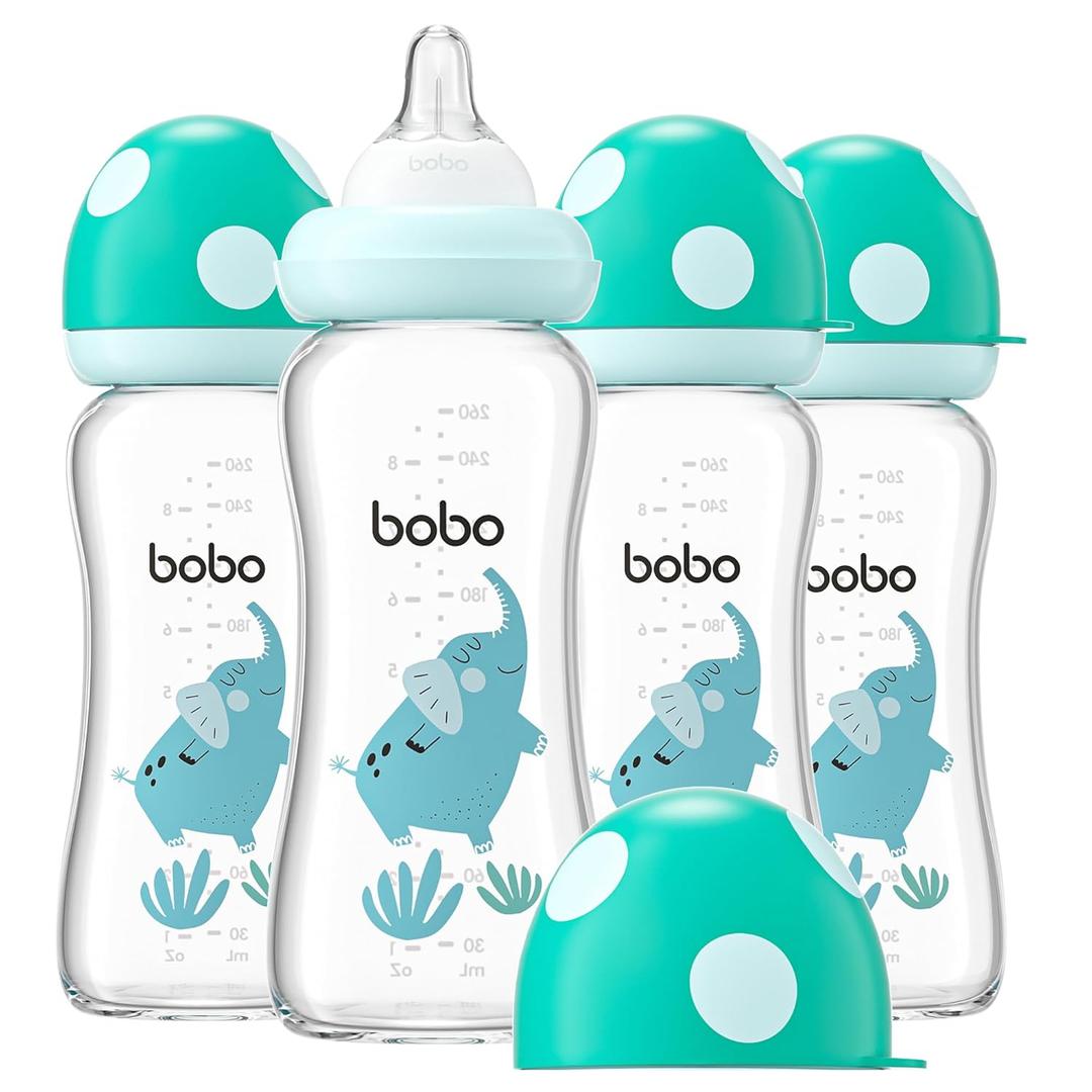 YOHKOH Natural Glass Baby Bottle with Level 2 Medium Flow Nipple, Newborn Anti-Colic Baby Bottles, Wide Neck Mushroom Baby Glass Bottle (8.8ounce (Pack of 4), Blue2)