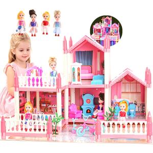Dream Doll House for Girls with Lights, Mat, Dolls & Furniture - Imaginative Dollhouse Playset DIY Pretend Play Toy Gift for Kids Ages 3-8