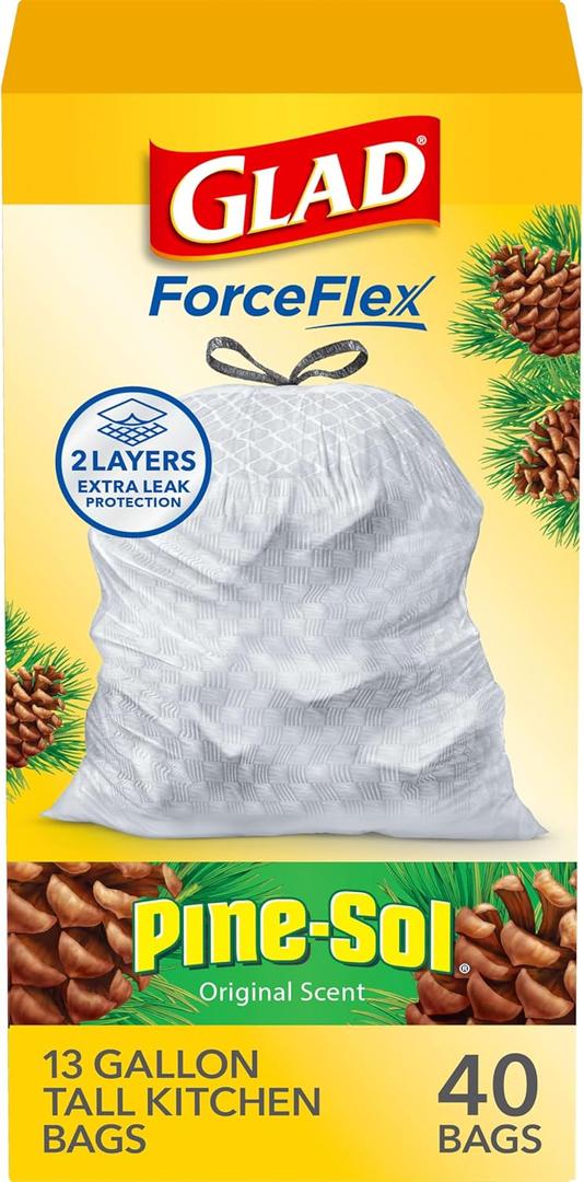Glad ForceFlex Tall Kitchen Trash Bags, 13 Gallon, Pine-Sol Original, 40 Count (Package May Vary)