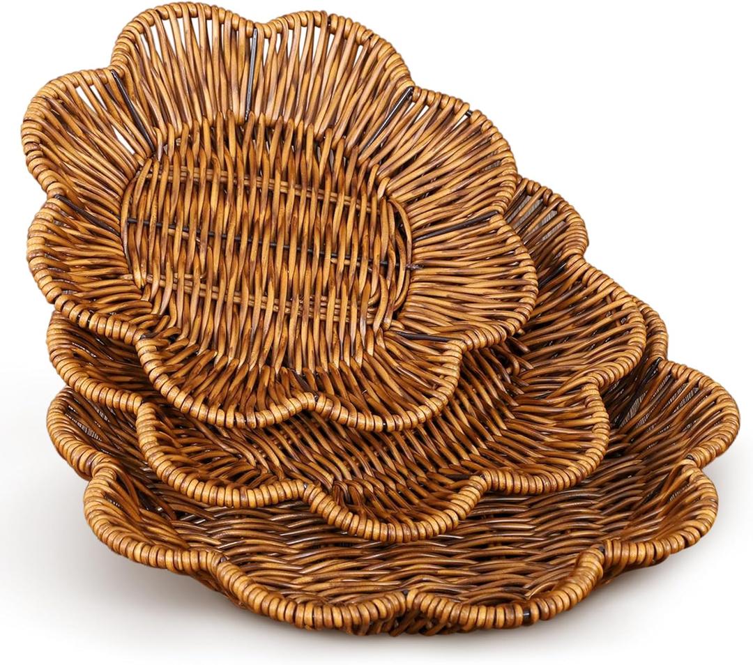 3 Pcs Poly Wicker Basket, Prune-Shaped Bread Baskets Sets, Vintage Storage Baskets Trays for Snack, Desserts, Bread, Fruits, Vegetables, Thanksgiving Table (3 Different Sizes)