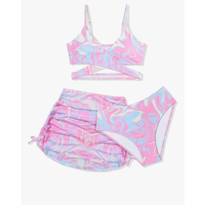 Girls Swimsuits 3 Piece Bathing Suit Allover Printed Criss Cross Bikini Set with Cover Up Skirt Beach Swimwear 15-16 Years