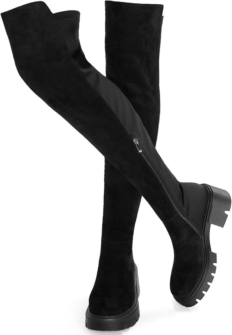 ErikenUrben Women Black Thigh High Boots Suede Over The Knee High Boots Platform Chunky Heel Stretch Boots Zip (40, Black)