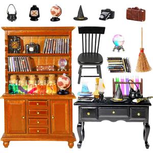 Rileryan 54 Pcs 1:12 Scale Magic Witchy House Kit Halloween Miniatures Furnitures Accessories Mini Wooden Bookshelf Bookcase 30 Mini Books Desk Chair Halloween Decoration Gift