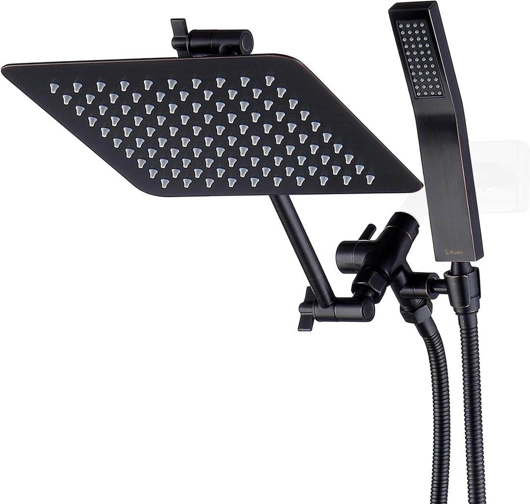 G-Promise All Metal 10 Inch Dual Square Shower Head with Handheld Combo, Rain Shower Head, Adjustable Extension Arm, 3-Way Diverter, 71 Inch Extra Long Hose - A Bathroom Upgrade(Oil Rubbed Bronze)