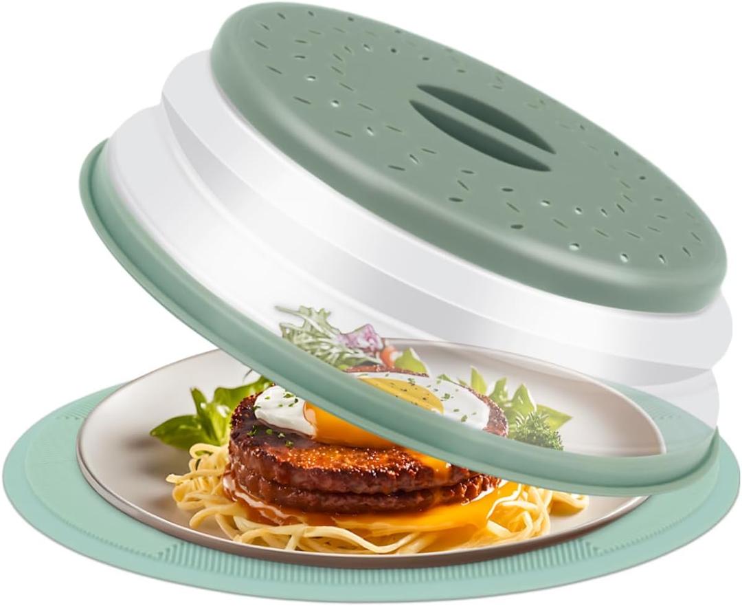 2 in 1 Silicone Microwave Splatter Cover Food, Microwave Mat Place Holders for Multi-use, Silicone Trivet, Pot Holders, Drying, Baking, Utensils Rest for Kitchen Counter Mat, Grey (Light Green (Mat With Cover))