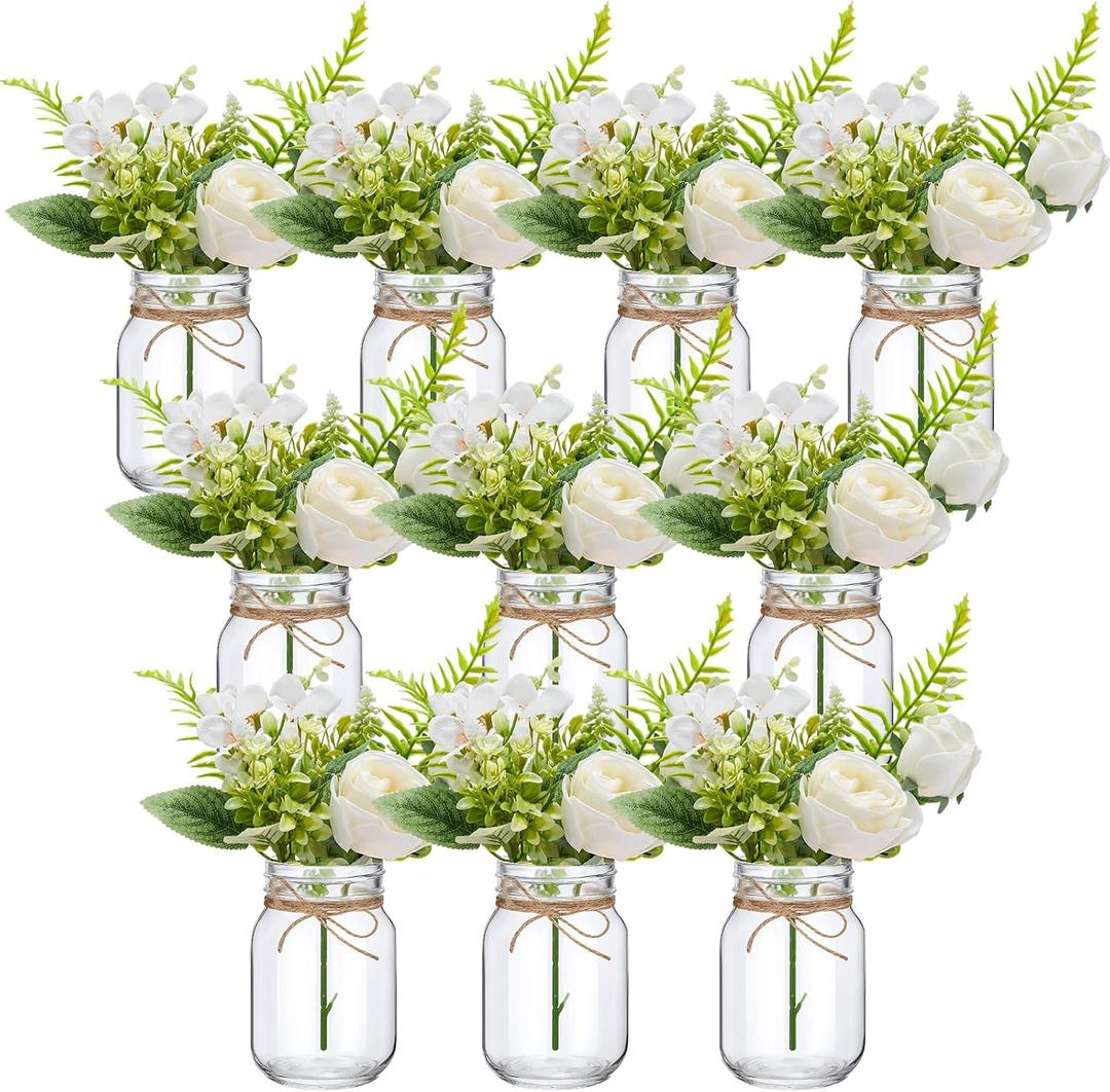 XunYee 10 Set Mason Jar Table Centerpiece with Flower Mason Jar Flower Centerpiece Vases Decor for Engagement Party Bridal Shower Wedding Reception Table Decor(White,Rose)