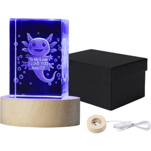 3D Axolotl Crystal Ball Night Light,1.55 * 1.55 * 2.3inch Laser Engraved,5Colors Led Crystal Ball with Wooden Base for Birthday Gifts, Christmas Gifts, Gifts for Her (square)