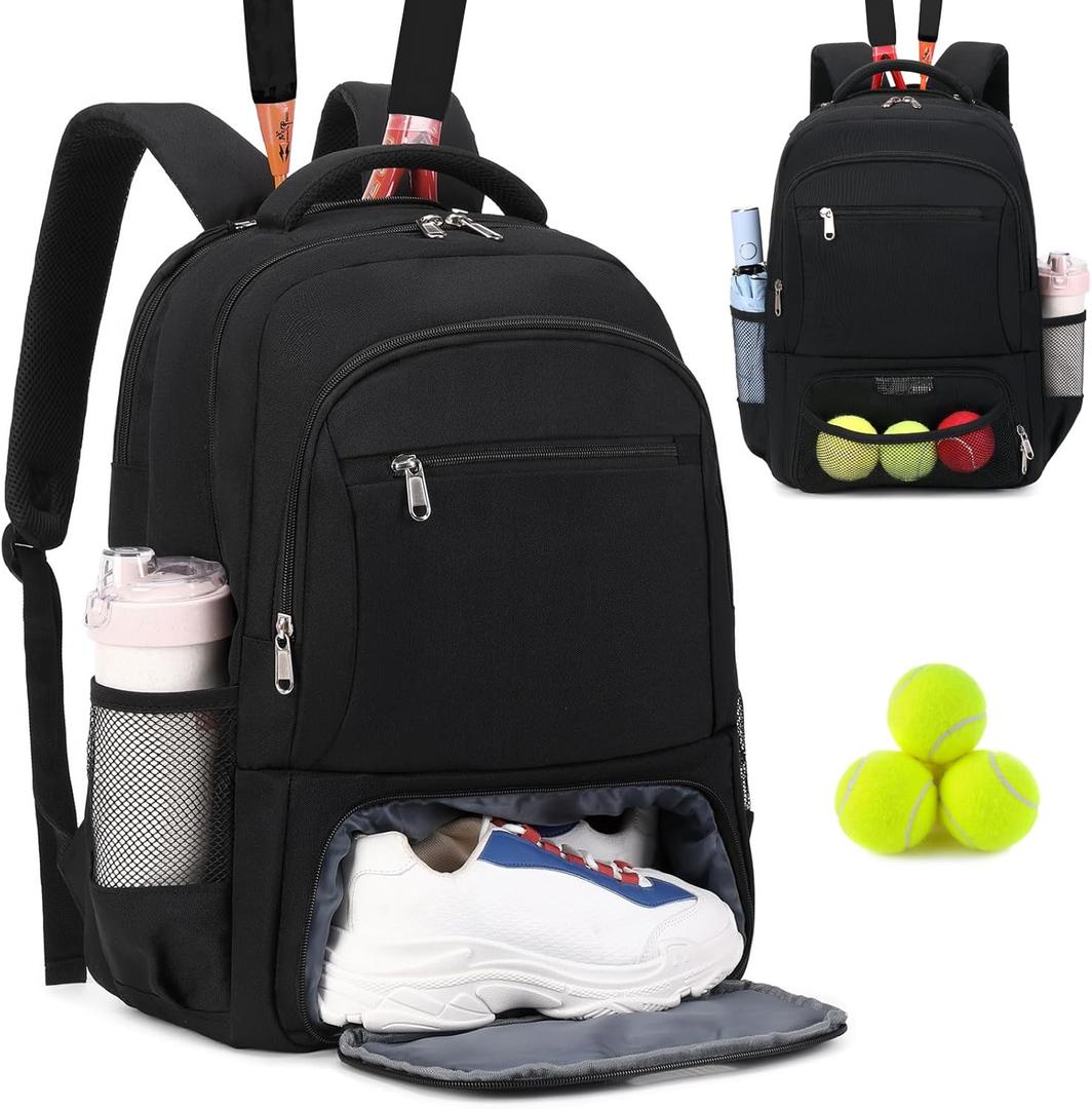Tennis Backpack Tennis Bag for Women Men - Tennis Bag Holds 2 Rackets, Badminton Squash, Pickleball Paddles Balls (Black)