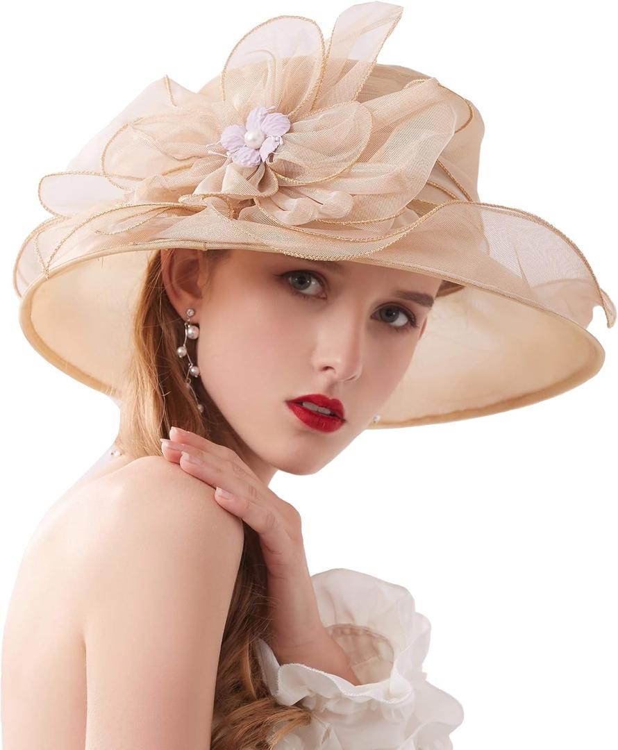 ORIDOOR Womens Organza Church Tea Party Wedding Fascinator Derby Hat Wide Brim Sun Hats (One Size, C9-khaki)