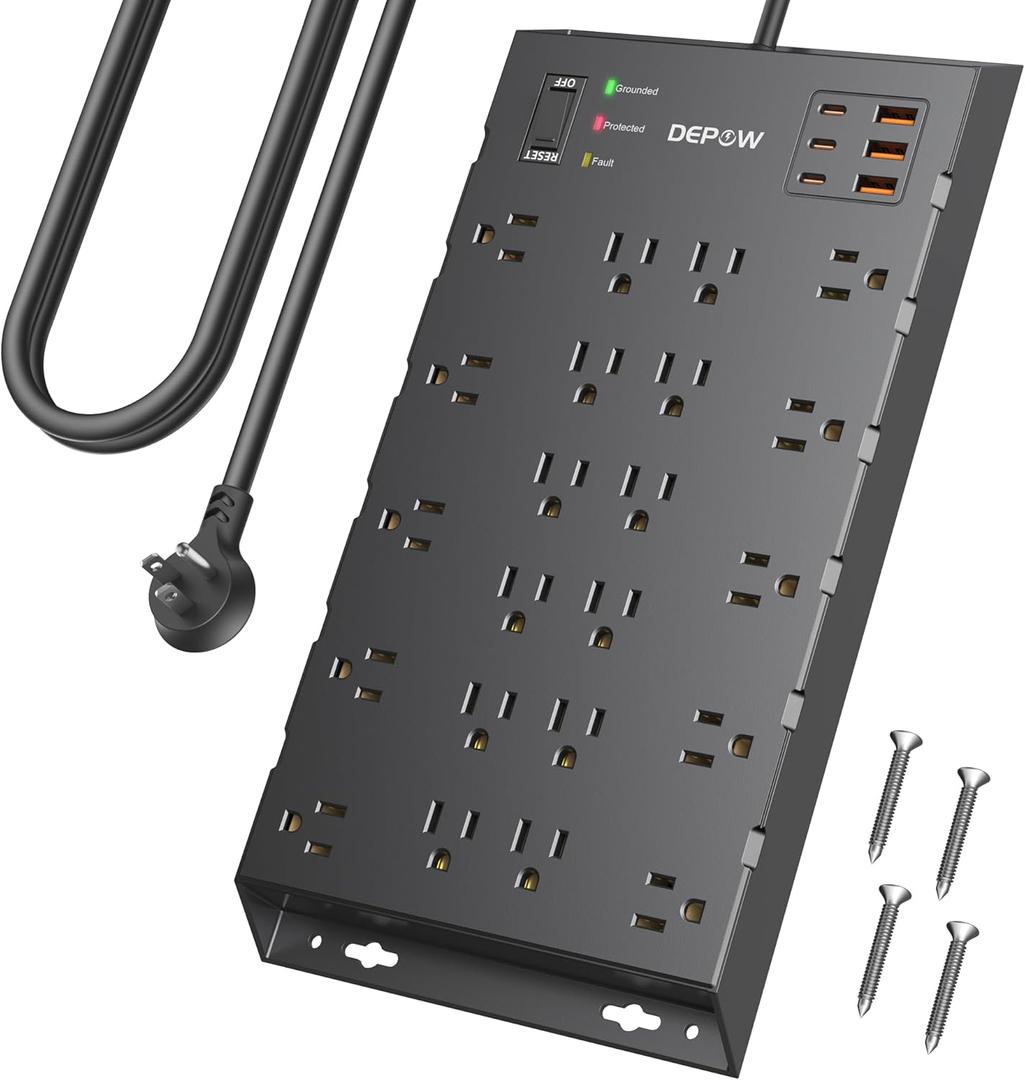 DEPOW Surge Protector Power Strip, 6.5FT Long Flat Plug Extension Cord with 22 AC Outlets (1875W/15A), 6USBs (3 USB-C Ports), 2100J Surge Protection, Wall Mountable for Gaming, Office, Home, Black