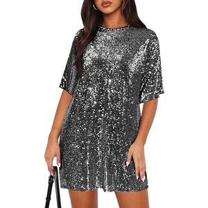 Women's Crew Neck Sequin Dress for Women Sexy V Neck Shirt Dress Sparkly Half Sleeve Loose Party Club Cocktail Dress
(Medium)
