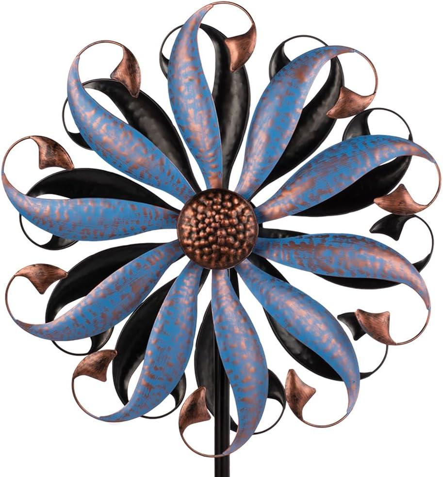 Wind Spinners Outdoor, Metal Kinetic Wind Spinner with Flower Design for Yard Garden Lawn Decorations, Dark Blue