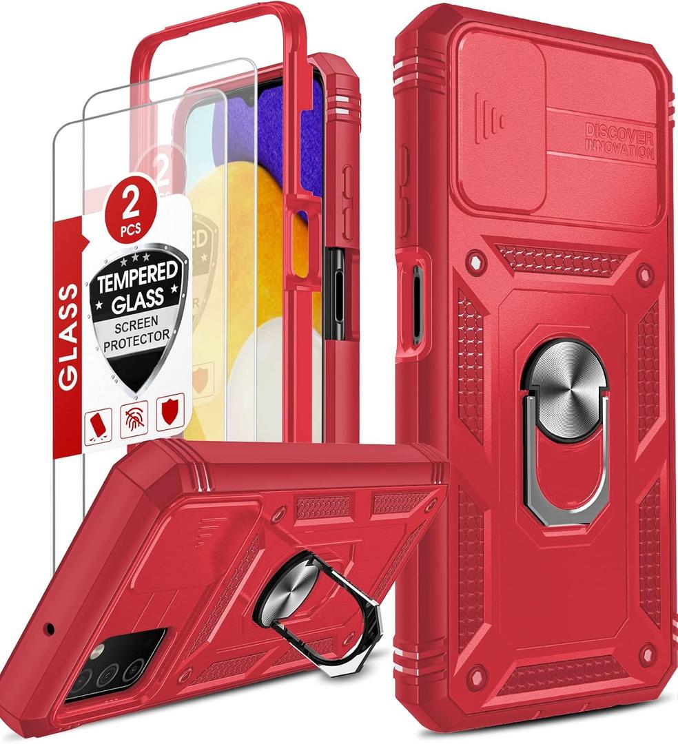 LeYi Compatible for Samsung A03s Case: Galaxy A03s Phone Case with Slide Camera Cover + [2PCS] Tempered Glass Screen Protector, Full Body Military-Grade Phone Case with Kickstand for Galaxy A03s, Red