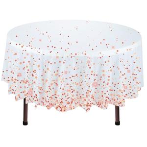 NORZEE 2-Pack White Disposable Plastic Tablecloths, 84" Plastic Table Cloth, Round Table Cover Rose Gold CONFETY