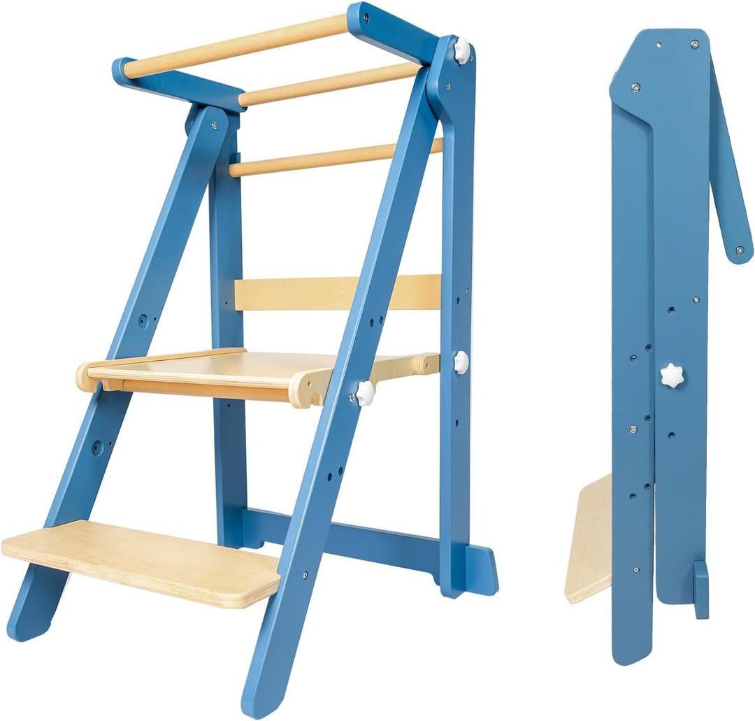 Foldable Toddler Learning Standing Tower, WOOD CITY Montessori Kitchen Step Stool Helper with 3 Adjustable Heights Learning Kitchen Tower for Counter and Bathroom Sink (Natural-Sky Blue)