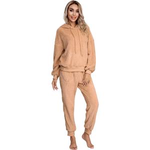 SIAEAMRG Women's Fuzzy Sherpa Fleece Pajamas Set, Long Sleeve Hoodies Pajama Pants 2 Piece Outfits Loungewear Sleepwear (Large, Camel)