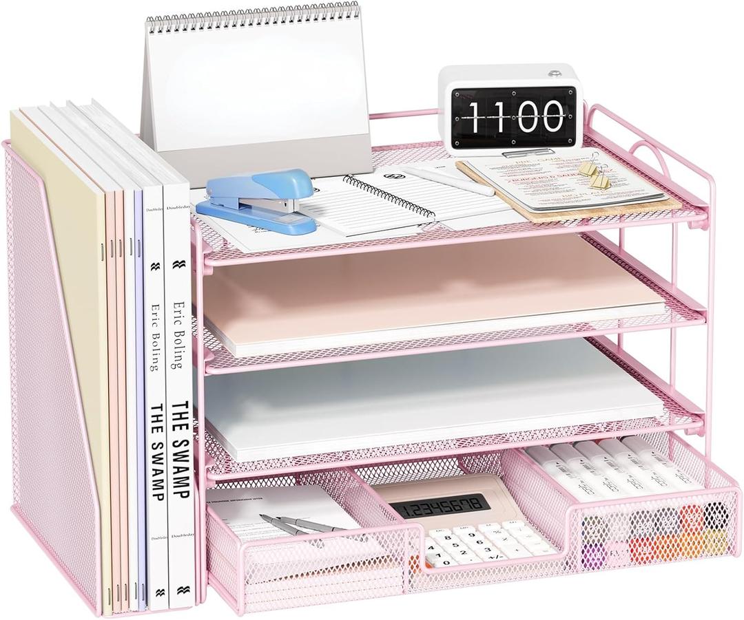 Desktop Organizers and Accessories - Paper Letter Tray Organizer with Removable File Holder+ Drawer, Office Desktop Workspace File Organizer for Office Supplies Desk Accessories (Pink)