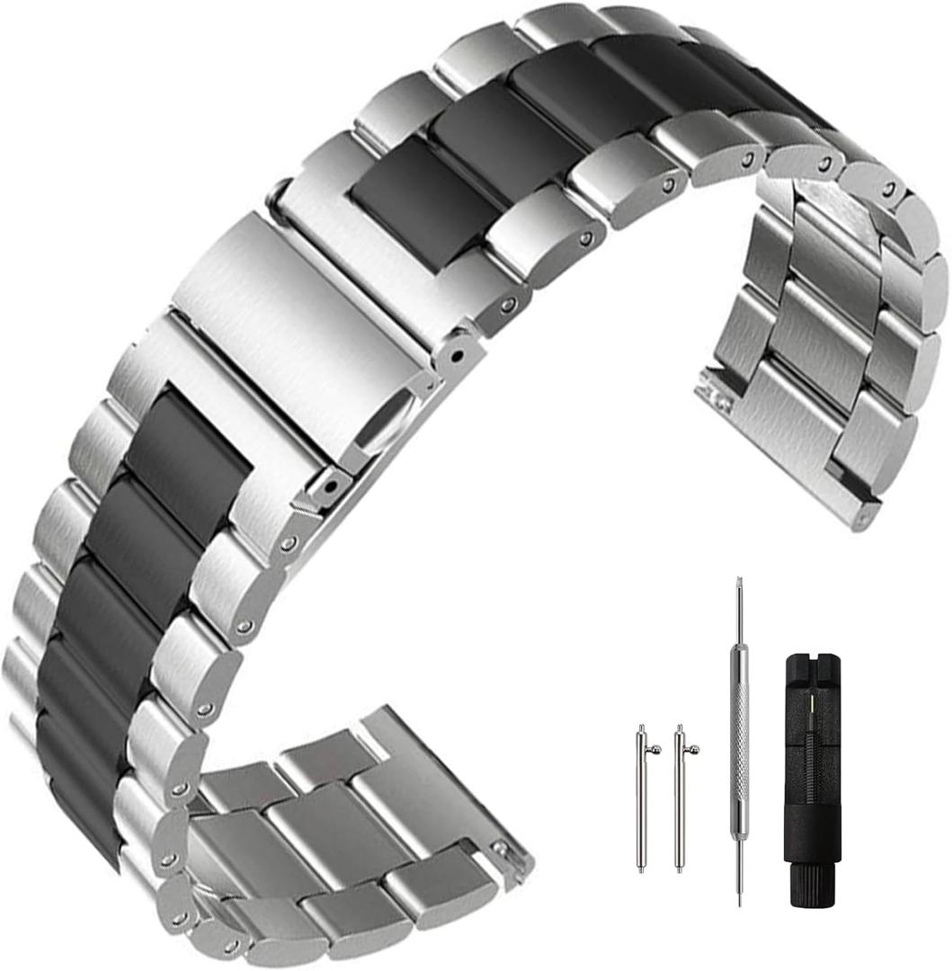 Stainless Steel Watch Band Quick Release Premium Brushed Matte Metal Watch Strap Bracelet 16mm 18mm 20mm 22mm 24mm Universal Stainless Steel Smartwatch Replacement Band Strap Men Women (Silver Black)