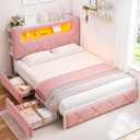 Full Upholstered LED Bed Frame with 2 Storage Drawers and 2-Tier Storage Headboard, Velvet Princess Platform Bed with Charging Station & Bookcase, Heavy Duty Metal Support, No Box Spring Needed, Pink