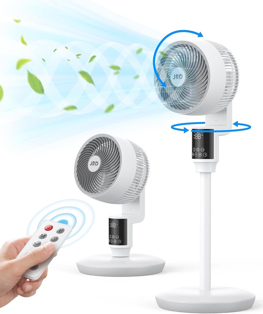 JRD Fan, 70+90 Omni-directional Oscillating Pedestal Fan For Bedroom, 100ft Circulator With Remote,Quiet Standing Fans, Adjustable Height, 6 Speeds, 3 Modes, 24H Timer, Home Office (19-38in, White)