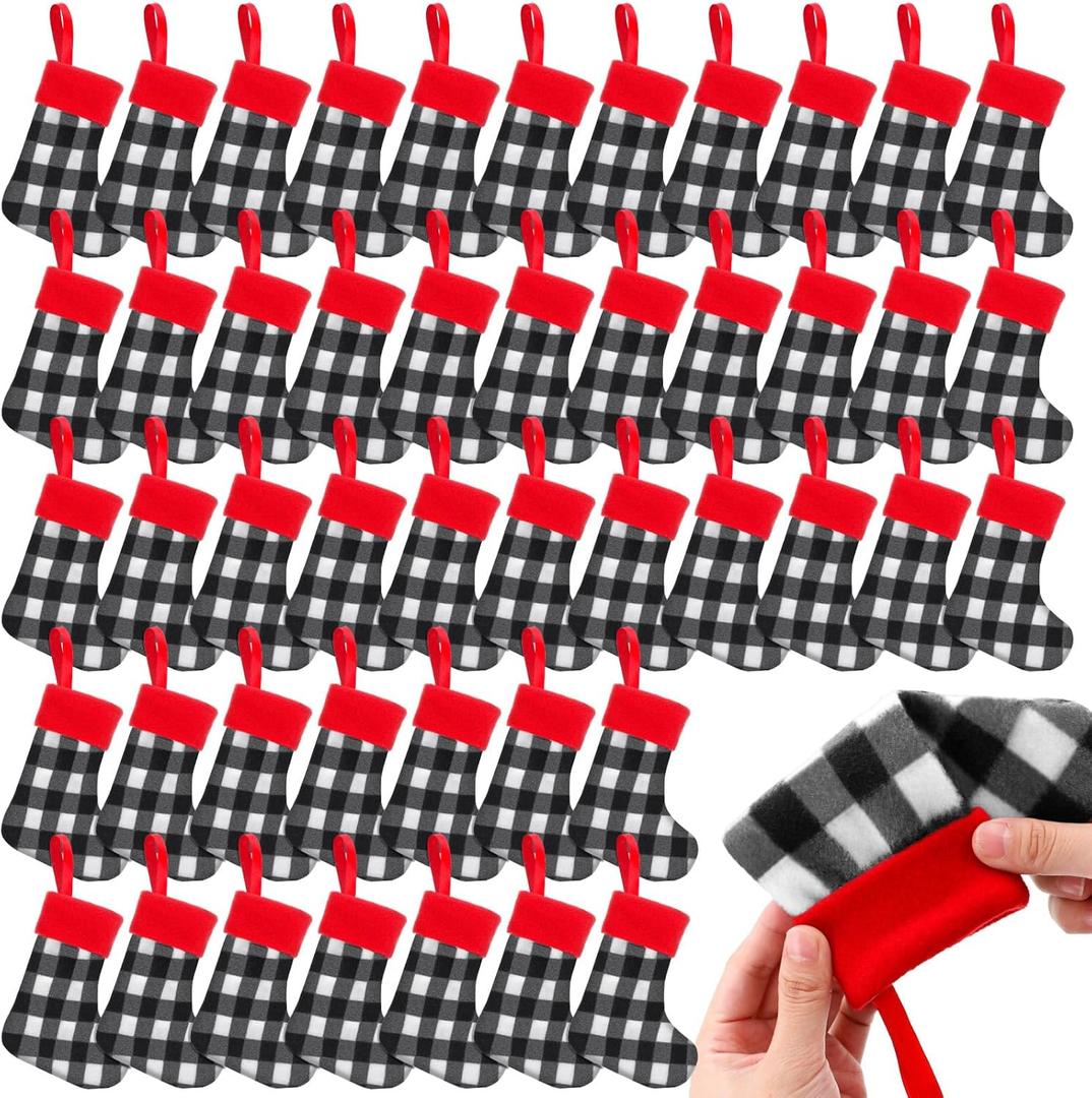 BBTO Christmas Mini Stockings Small Christmas Stocking 7 Inches Plaid Buffalo Stocking Ornament(White Black, 48 Pieces) (White Black)