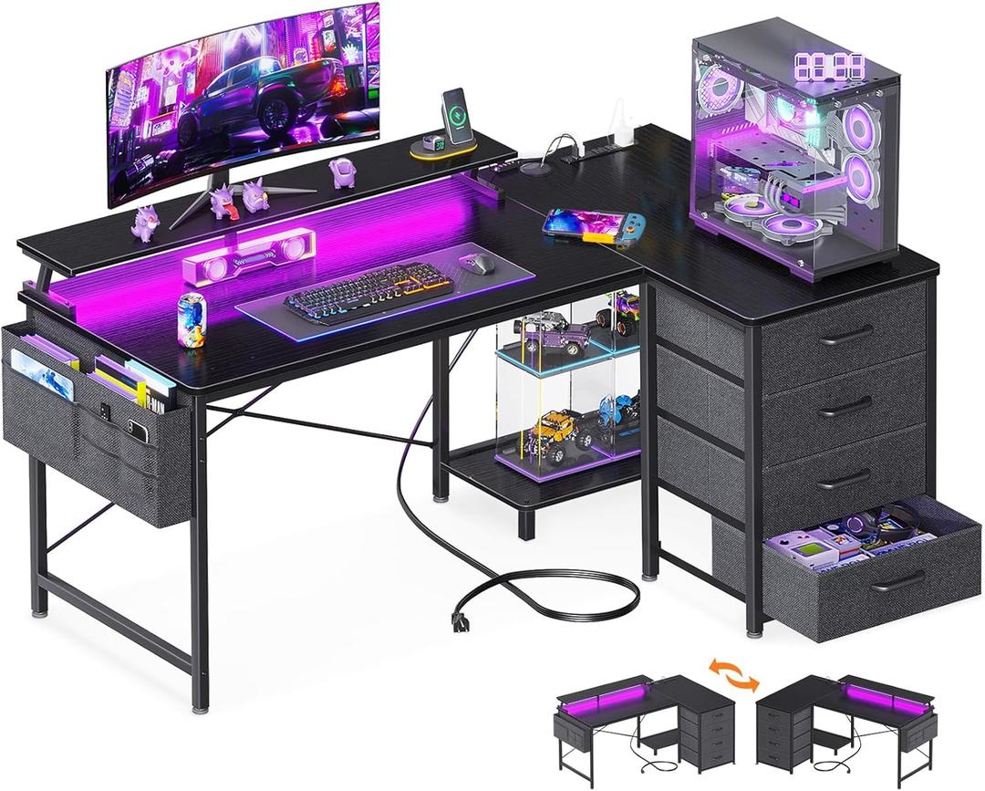 ODK 48 Inch Gaming Desk with LED Lights & USB Power Outlets, Reversible L Shaped Computer Desk with 4 Drawers, Corner Gamer Desk with CPU Shelf & Monitor Stand, Gaming Table for Bedroom, Black