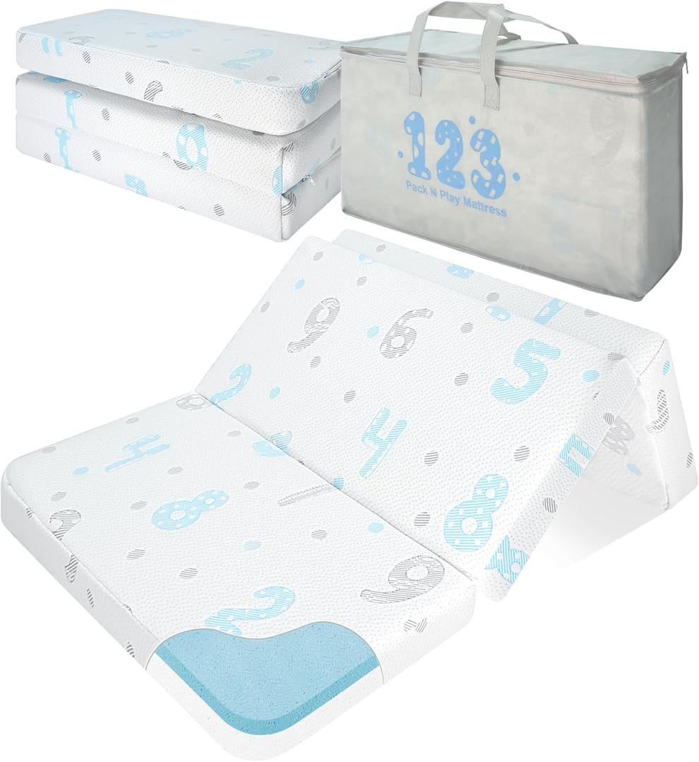 Pack and Play Mattress, 38"x26" Pack N Play Mattresses Dual-Sided Design for Baby and Toddler, Foldable Mattress for Pack N Play with Washable Cover (Light Blue)