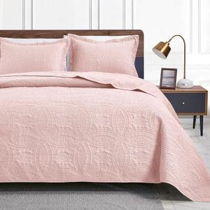 Love's cabin King Size Quilt Set Pink Bedspreads - Soft Bed Summer Quilt Lightweight Microfiber Bedspread- Modern Style Coin Pattern Coverlet for All Season - 3 Piece (1 Quilt, 2 Pillow Shams) (King (106"x96"), Coin Pattern Pink)