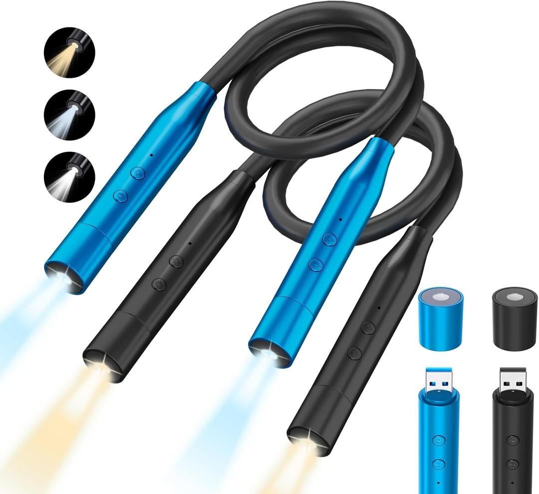 2Pcs LED Neck Reading Lights, 3-Color & 3-Brightness, 380 Rotating, Rechargeable, 80-Hr Lasting, Perfect for Reading, Knitting, Camping