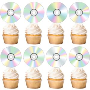 48Pcs CD Cupcake Toppers 90s Birthday Party Decorations Iridescent CD Disco Cutout Theme Retro 90s Party Dessert Cupcake Decorations for Music Party 1990s 2000s Birthday Party Baby Shower Supplies