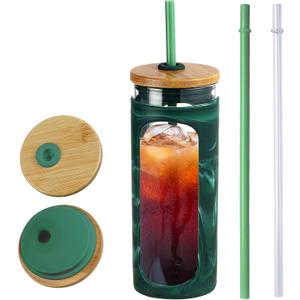 Kodrine 20oz Glass Tumbler with Straw and Lid, Iced Coffee Cups with Bamboo Lids, Glass Cups for Cold Drinks, Smoothie Cup with Silicone Sleeve for Travel, Work, BPA FREE-Green