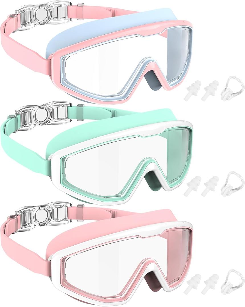 NSSIW Swim Goggles Swimming Kids-Goggles: Anti Fog No Leak with Nose Clip Earplugs for Girls Boys Youth 6-14 3 Pack (04 Blue Pink & Light Green & Pink)