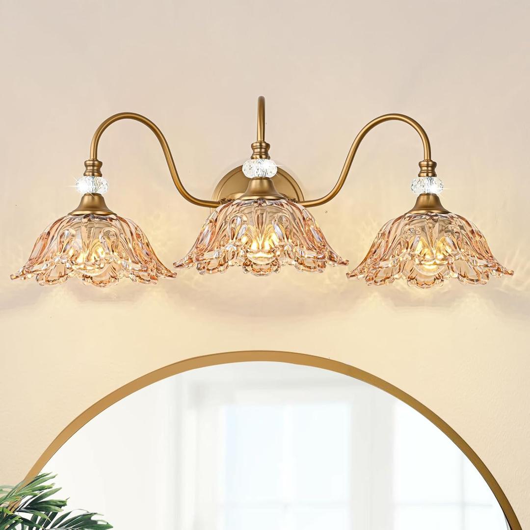 Vintage Bathroom Vanity Light, 3-Light Matte Deep Brass Finish Vanity Light with Flower-Shaped Amber Glass Shades, Retro Wall Sconce for Bathroom