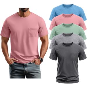 Neer 5 Pack Men's Big and Tall Pocket T-Shirt Crew Neck Short Sleeve Shirt Slim Fit Lightweight Top Casual Basic Tee (Gray, XL)