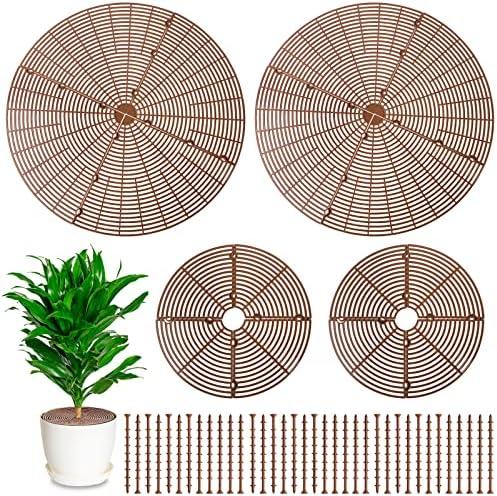 Newtay 4 Pcs Plant Pot Grid Soil Protector Covers Cuttable Flower Protector 1 from Animals 20.5" 11.8" Cat Digging Stopper Plant Pot Cover with Stakes for Indoor Outdoor Gardening(Brown)