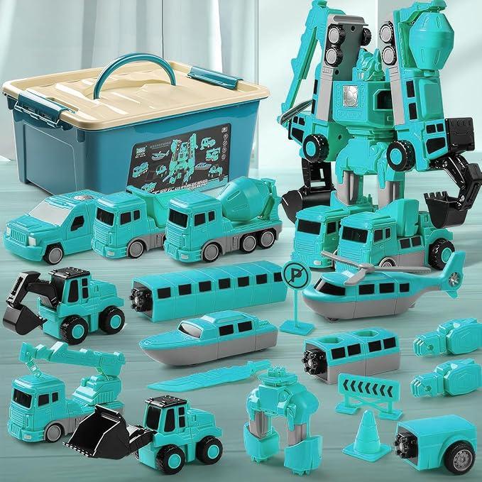35 PCS Magnetic Transform Engineering Car Toy, for Kids Age 3-5, Age 4-8 Outdoor Activities Toys, with Storage Box Magnetic Cars Construction and to The Trucks Transforming Robot, Blocks and Tiles